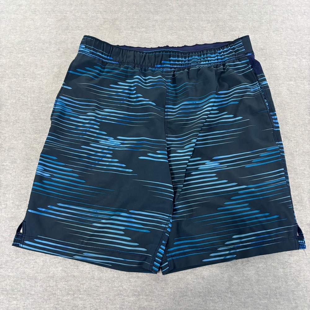 Speedo Mens Navy Blue Cyan Streak Print Swim Trunks Board Shorts Medium